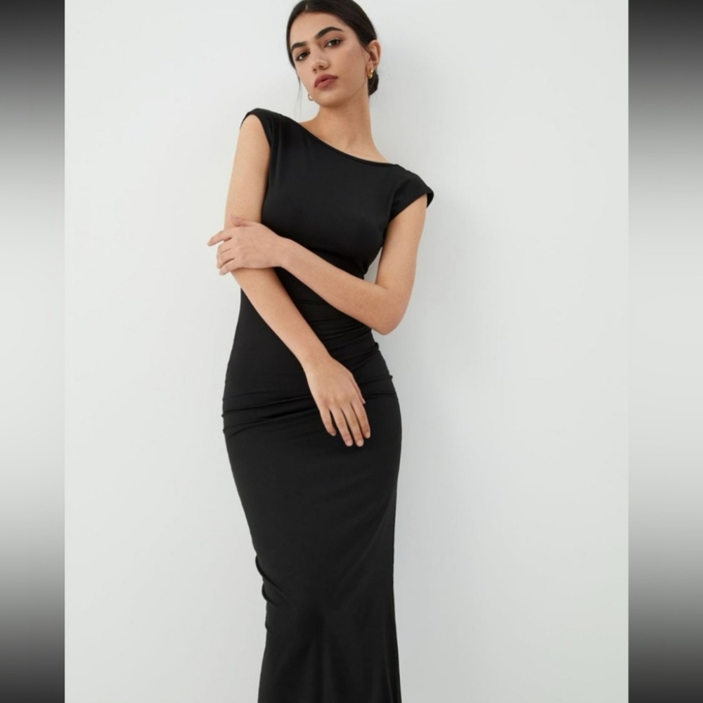 MICAS Backless Bodycon Midi Dress Black Cap Sleeve Size SM NWT - Picture 11 of 11